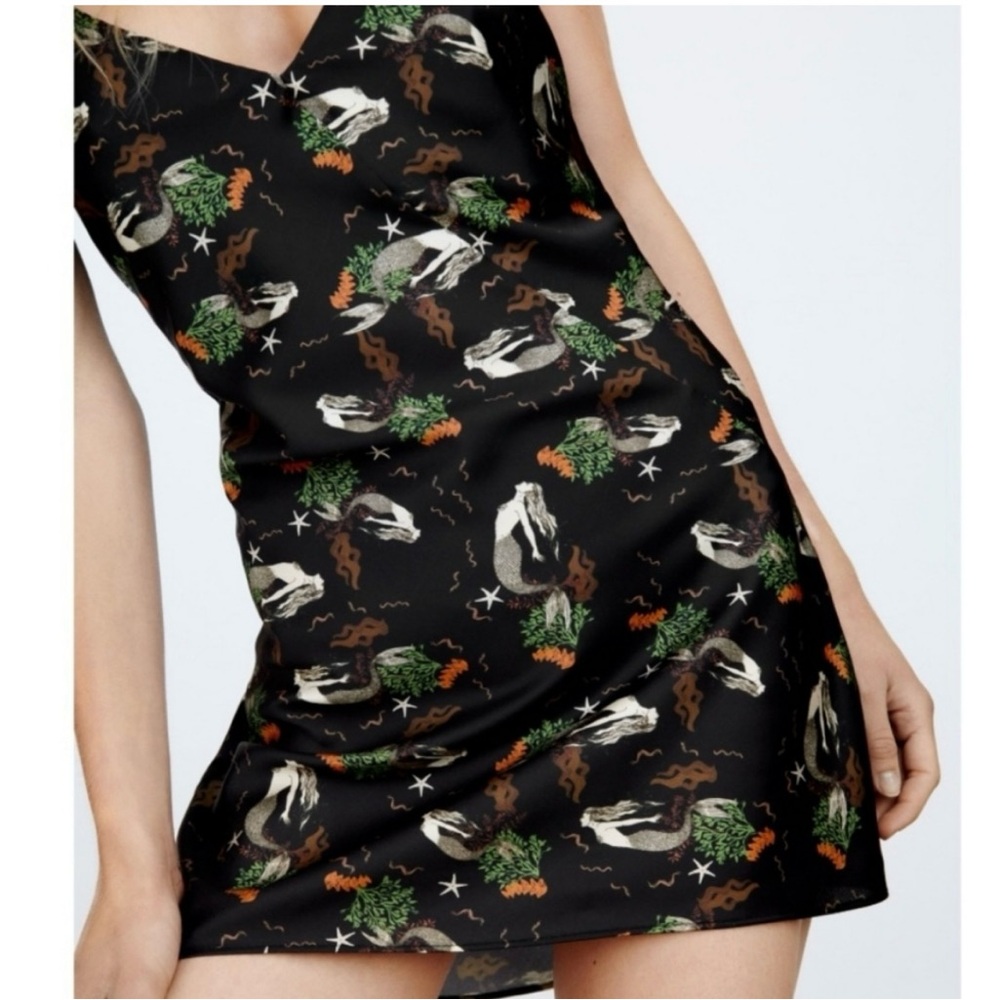 Zara Satin Effect Slip Dress Vintage Mermaid Print Black - Picture 2 of 6